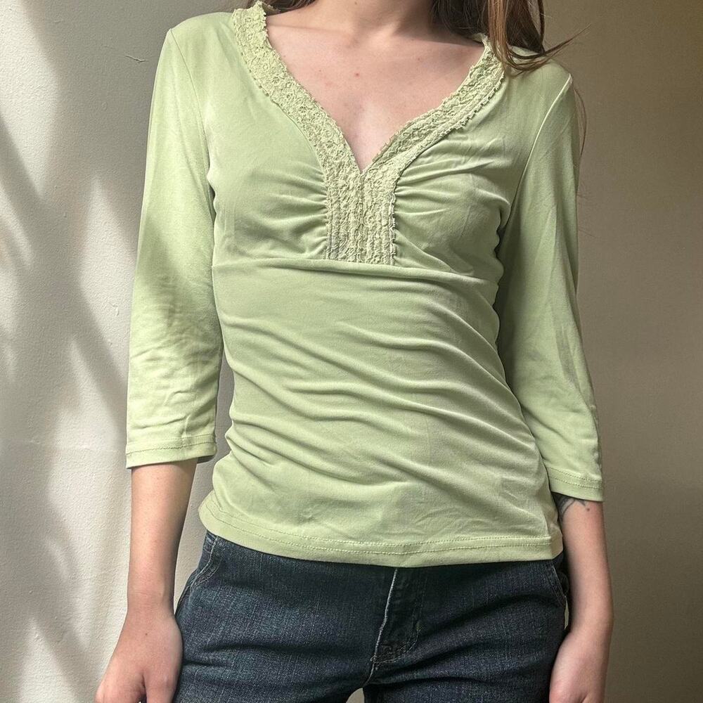 Vintage I.N. San Francisco Light Green 3/4 Sleeve Blouse Small - Picture 2 of 3